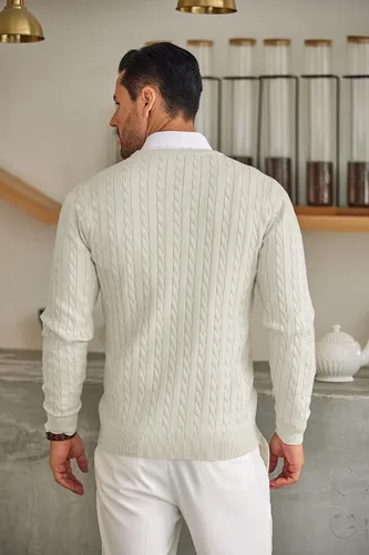 Vista 3 de COOFANDY Suéter de punto con cuello redondo para hombre, ajustado, ligero, casual, con patrón de torceduras