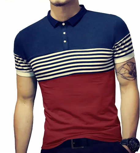 Vista 2 de LOGEEYAR Polo de manga corta para hombre, ajuste delgado, color contrastante, costuras a rayas, camiseta casual