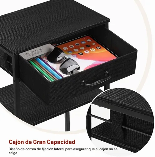 Vista 4 de Soporte de impresora de 3 niveles debajo del escritorio, mesa de impresora pequeña con cajones de almacenamiento, estante de impresora de madera