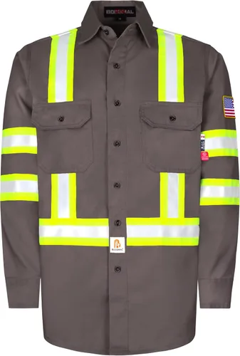 Vista 9 de BOCOMAL Camisas FR de alta visibilidad con botones de 7.5 onzas ANSI/ISEA tipo O Class1 resistente al fuego Hi Vis Refective Safety Jacket 100%