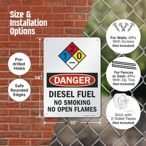 Vista 3 de Señales de seguridad SmartSign. Mensajes: "Danger: Diesel Fuel No Smoking No Open Flames", letras negras o rojas sobre fondo blanco., 1