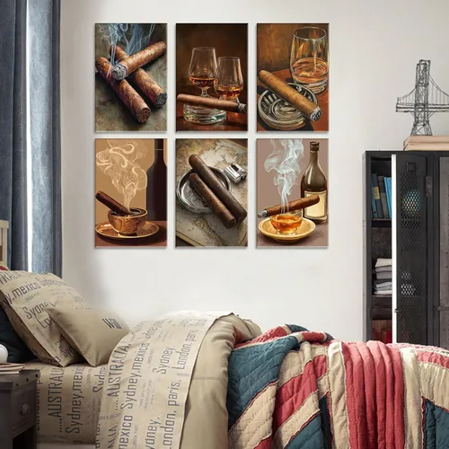 Vista 5 de Aihonmin Whisky de cigarros, paquete de 6 pinturas por números para adultos principiantes, whisky, cigarrillos, kits de pintura al óleo sobre lienzo