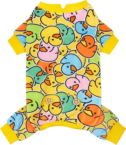 Vista 23 de KYEESE - Pijama de terciopelo para perros, con patrón de patos amarillos, ropa elástica y suave para cachorros y perros pequeños, mameluco cómodo