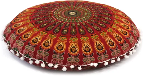 Vista 15 de CRAFT KALA Funda de cojín de 22 pulgadas para meditación, diseño de mandala, funda para puf, asiento redondo, mandala bohemio, de algodón