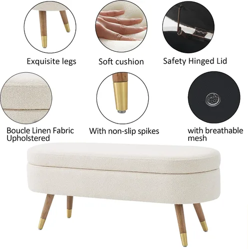 Vista 4 de IAFIKE Banco de almacenamiento ovalado de 43.5" Banco otomano tapizado de tela bouclé Banco reposapiés con patas de metal dorado, extremo de cama