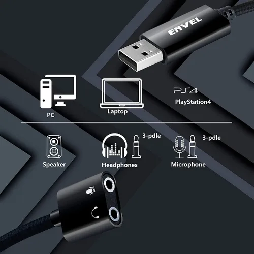 Vista 5 de ENVEL Tarjeta de sonido USB+auriculares para juegos con micrófono para PC, PS4, PS5, Nintendo Switch, Xbox One X S