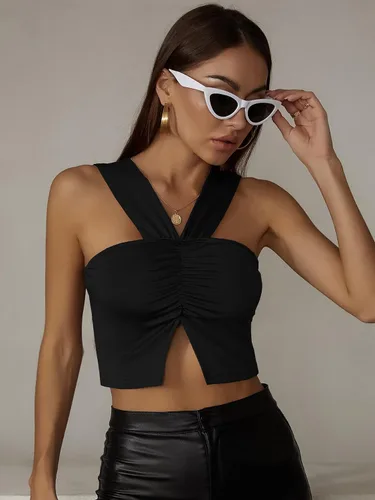 Vista 4 de SheIn Top sin mangas con abertura fruncida, sin mangas, para mujer