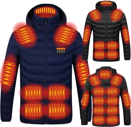 Vista 4 de Chaqueta térmica para hombres y mujeres, carga USB, 19 zonas de calefacción, calentador de cuerpo eléctrico, abrigo con capucha, cálido para invierno