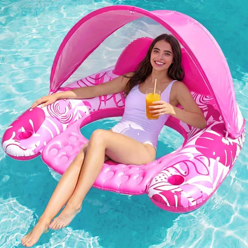 Vista 8 de SLOOSH Flotadores de piscina con dosel para adultos, sillas de piscina inflables XL con portavasos, silla flotante para adultos, flotadores