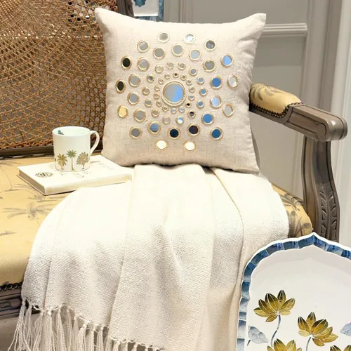 Vista 3 de HomeCentric Funda de almohada geométrica beige, 12 x 12 pulgadas, cuadrado de lino y algodón, círculos contemporáneos de Pascua, círculo de la vida