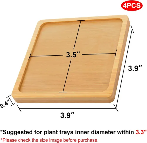 Vista 2 de Cosmos 4 piezas de platillo de bambú para suculentas, bandeja de drenaje con borde elevado para macetas pequeñas de 3.5 pulgadas (forma cuadrada)
