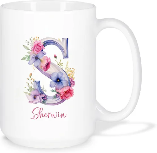 Vista 16 de Taza de café personalizada de la letra A del alfabeto, Taza de café blanca con nombre personalizado único, Taza inicial de monograma floral