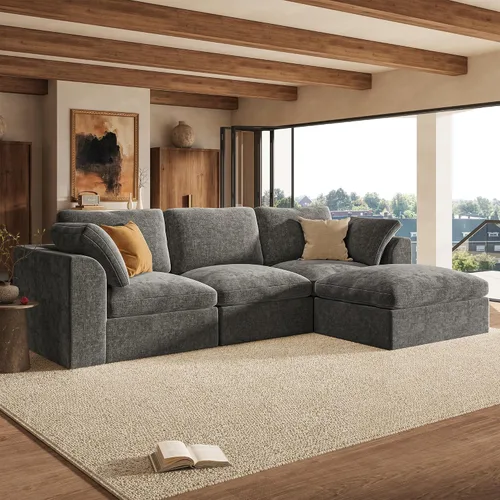 Vista 3 de Sofás seccionales Cloud de 110 pulgadas para sala de estar, sofá convertible sin hueso en forma de L con otomana, juego de sofá modular de gran
