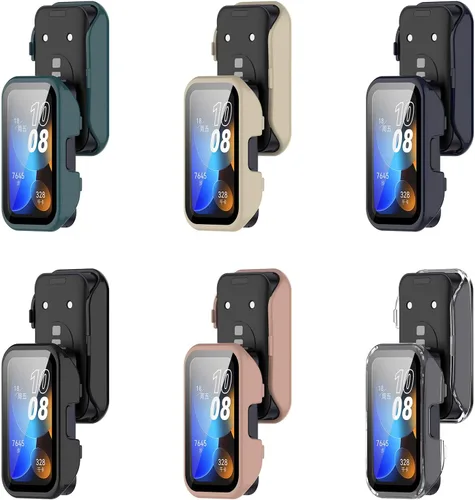 Vista 4 de MOTONG Funda protectora para reloj de cobertura completa para PC, protector de pantalla de vidrio templado compatible con Huawei Band 8 (PC negro)