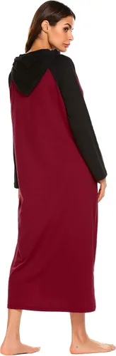 Vista 5 de Ekouaer Camisón de manga larga con capucha para mujer, color de contraste, ropa de descanso de longitud completa con bolsillo, S-4XL