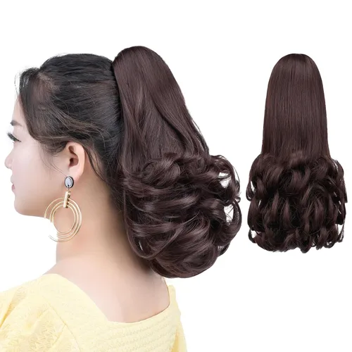 Vista 25 de Cola de caballo con clip, color castaño rojizo, ondulado de 10 pulgadas, extensión de cola de caballo de 3.3 onzas, extensiones de cabello sintético