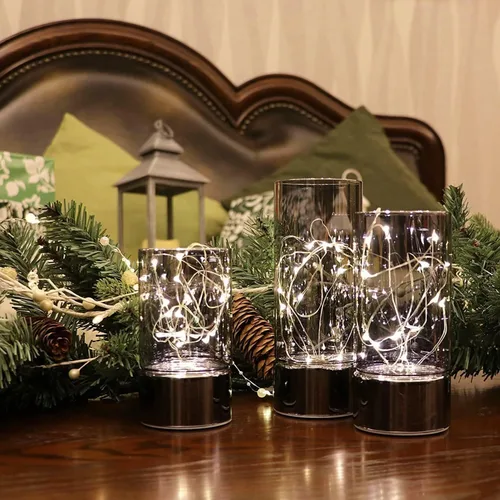 Vista 3 de Rhytsing conjunto de 3 linternas de cilindro de vidrio con luces de hadas, lámpara de mesa decorativa con batería, vela sin llama con función