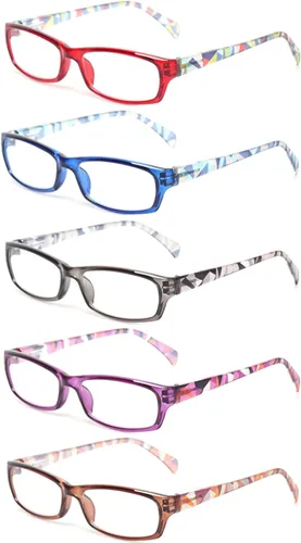 Vista 12 de Kerecsen Gafas de lectura, 5 pares de lentes de lectura de moda para mujer, bisagra de resorte con patrón impreso para mujer (5 marrones, 0.5, x)