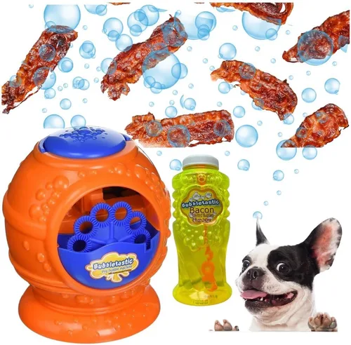 Vista 2 de Bubbletastic Máquina de burbujas de tocino para perros, incluye burbujas de tocino de 8 onzas, no tóxica, segura para perros