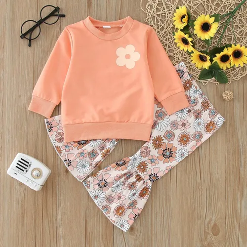 Vista 7 de Ropa de otoño e invierno para niñas pequeñas, manga larga, estampado de flores, tops y pantalones de pana