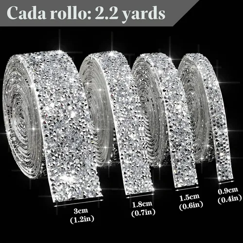Vista 2 de 4 rollos de cinta autoadhesiva de diamantes de imitación de 8.8 yardas, tiras de diamantes de imitación plateados para manualidades, manualidades