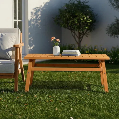 Vista 7 de Mesa auxiliar de madera para exteriores con mesa de rejillas, mesa auxiliar rectangular de madera de cedro de 42 pulgadas para jardín, piscina