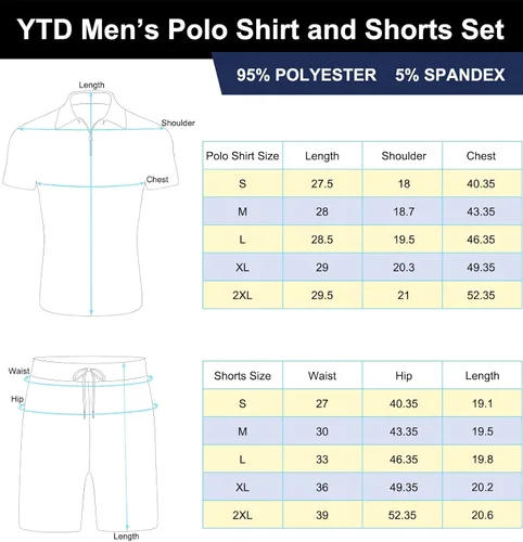 Vista 6 de YTD Conjunto de camisa polo y pantalones cortos casuales de manga corta para hombre, conjunto de dos piezas de verano con cremallera para hombre