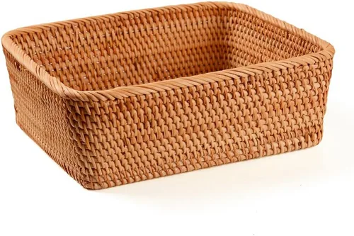 Vista 6 de Cesta rectangular hecha a mano de ratán para frutas, 9.1 pulgadas, cesta tejida a mano, bandeja de alimentos para servir, soporte organizador