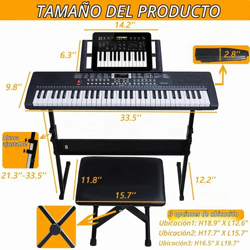 Vista 6 de Piano de teclado de 61 teclas para principiantes con teclas iluminadas y modos de enseñanza profesional, incluye soporte, banco, micrófono, soporte