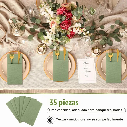 Vista 5 de Seajan 35 servilletas de lino de bolsillo, servilletas desechables de papel airlaid preplegadas con bolsillo integrado para cubiertos para Verde