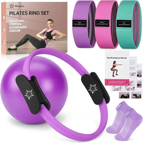 Vista 8 de Kit esencial de pilates para mujeres caseras, juego de anillos y pelotas, equipo de pilates para entrenamientos, 3 bandas de resistencia, calcetines