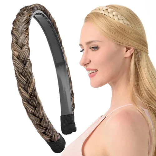 Vista 36 de Ancho de 1.5 cm Banda de pelo sintético trenzada estrecha con dientes para mujeres y niñas (Negro)