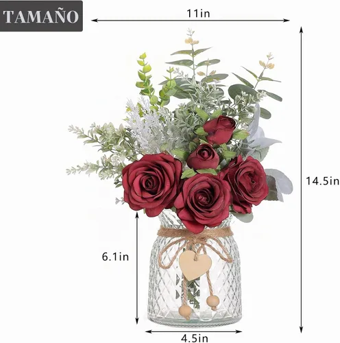 Vista 6 de Rosas artificiales de seda de 14.5 pulgadas con jarrón para decoración del Borgoña
