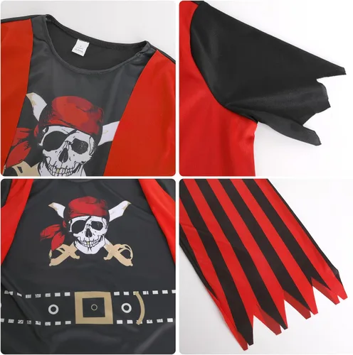 Vista 7 de Disfraz de pirata para niños, juego de rol de pirata, abrigo para niños, pantalones, sombrero con accesorios, juego de lujo para fiesta y cosplay
