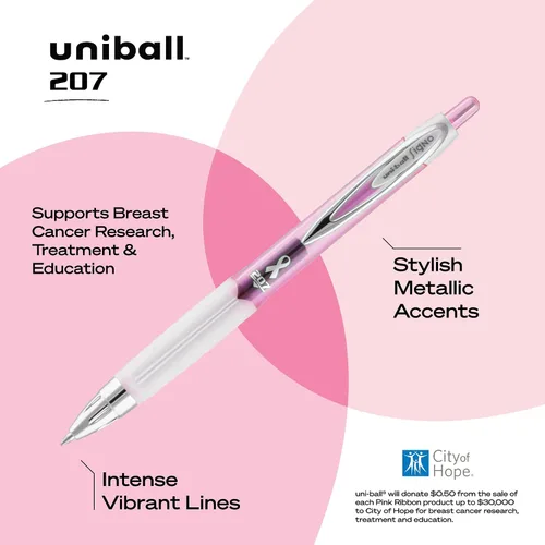 Vista 3 de Uni-Ball 207 plumas de gel retráctiles con cinta rosa, punta mediana (0,7 mm), negras, paquete de 2
