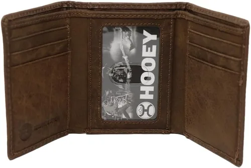 Vista 2 de HOOEY Clásico, liso marrón triple cartera con doble costura marrón borde Logo remache (HTF001-BR)