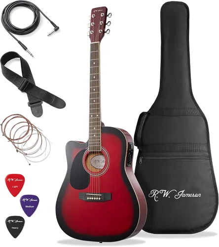 Vista 9 de Jameson Guitars - Guitarra eléctrica acústica Thinline de tamaño completo con funda y púas, negra, para diestros