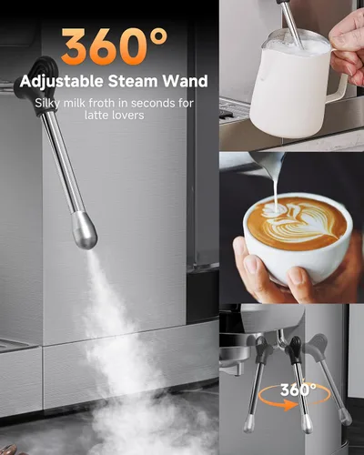 Vista 6 de AMZCHEF Máquina de café expreso de 20 bares: cafetera profesional con espumador de leche, temperatura y presión ajustables, cafetera compacta