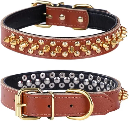 Vista 13 de Collar de perro con tachuelas, collar de perro de cuero genuino, collares ajustables para mascotas pequeñas o medianas (S, negro-1)