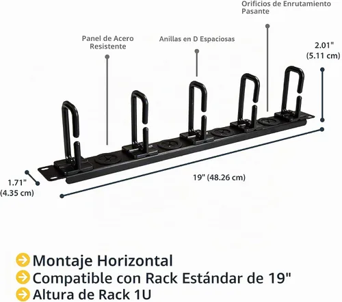Vista 2 de StarTech Organizador de gestión de cables de 1U de 19 pulgadas, gancho de anillo en D, administrador de cables de rack de red/servidor, panel