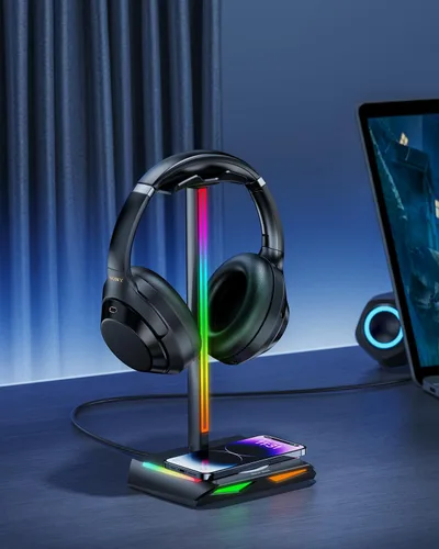 Vista 6 de New Bee Soporte para auriculares RGB con 2 puertos de carga USB-C y 1 USB