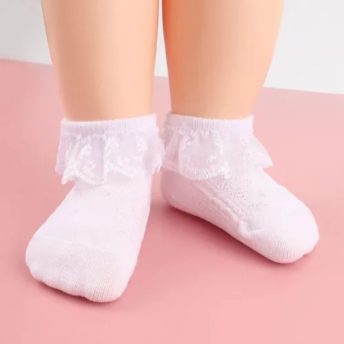 Vista 6 de DRESHOW BQUBO - Calcetines de encaje con volantes y ojales para bebés, calcetines finos para recién nacidosbebésniños pequeños
