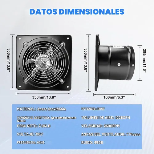 Vista 2 de iMeshbean Extractor de 12 pulgadas, ventilador de escape de pared 1226CFM para cocina, baño, ventilador extractor de metal ideal para ático, garaje