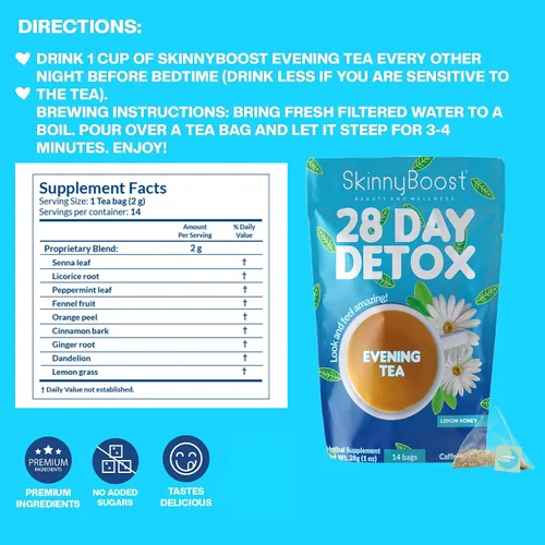 Vista 2 de Skinny Boost - Té de noche (paquete de 2) 28 bolsas de té en total, apoya la desintoxicación y la limpieza, reduce la hinchazón, todo natural, vegano