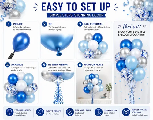 Vista 5 de Kit de guirnalda de globos azules y blancos plateados, 60 globos de látex de confeti azul cromado, blanco y plateado de 12 pulgadas para baby