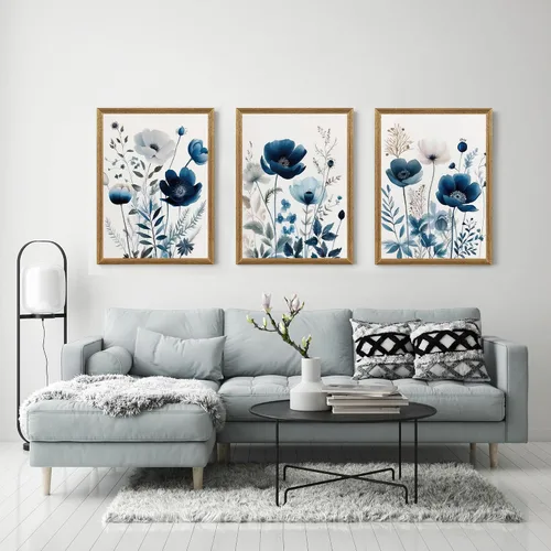Vista 2 de DUWQU 3 piezas de arte de pared en lienzo floral azul marino, marco de madera azul marino, flores silvestres lirio, margaritas, decoración de pared