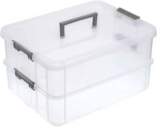 Vista 9 de BTSKY Caja de almacenamiento portátil multiusos de 2 capas, organizador de almacenamiento portátil multiusos para organizar papelería, costura, Negro