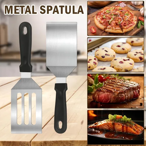 Vista 5 de Juego de 4 espátulas de acero inoxidable, espátula sólida y ranurada con raspador de media luna, utensilios de cocina de metal para cocinar, voltear