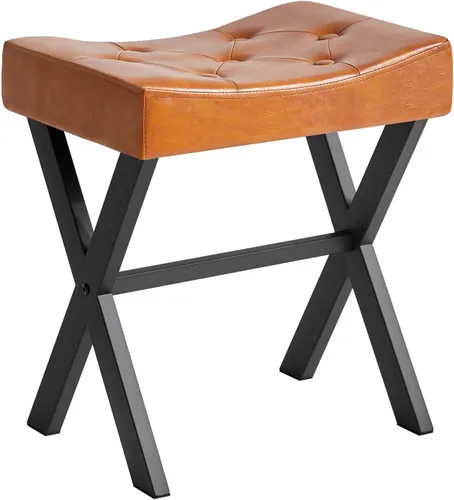 Vista 11 de IBUYKE Taburete de tocador de PU en forma de U, silla cuadrada de maquillaje con patas en X, taburete reposapiés otomano, multiusos como mesa Negro