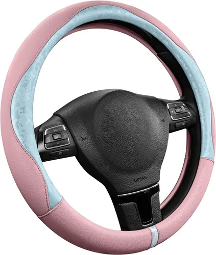 Vista 19 de PIC AUTO Funda para volante, diseño de retazos de cuero negro estampado y azul, ajuste universal de 14.5 a 15.5 pulgadas, antideslizante, sin olor